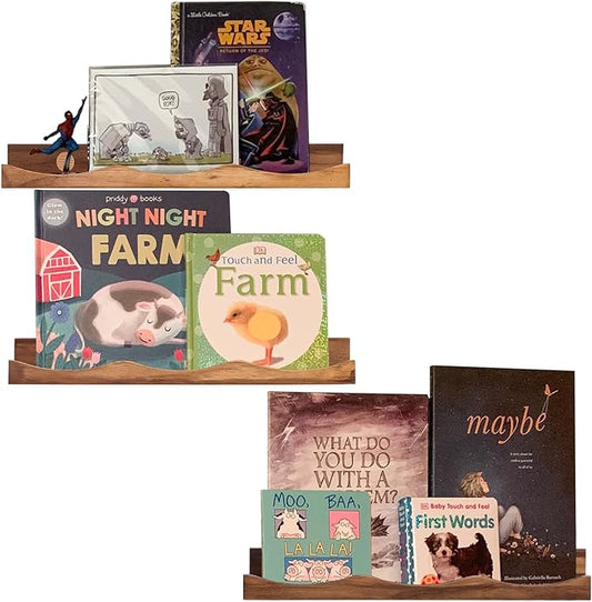 AZSKY Floating Bookshelf for Kids, Picture Ledge Shelf for Wall Decor and Storage 16 Inches Nursery Book Shelves Set 3, Baby Book Shelf for Kids Room Decor(Walnut)