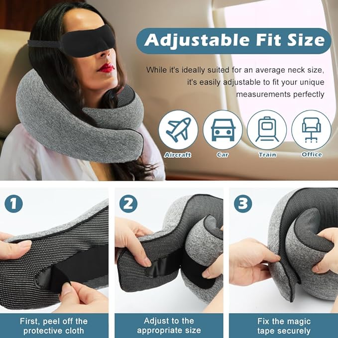Travel Neck Pillow with Eye Covers,2pcs Earplug and Drawstring Bag,Memory Foam Travel Pillow,360° Adjustable Full Surrounding Flying Neck Pillows,for Traveling,Car,Home,Office