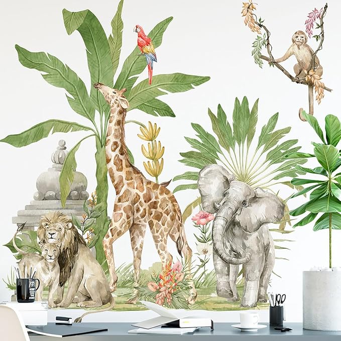 Large Jungle Animals Wall Decals Rainforest Giraffe Elephant Lion Wall Stickers Wild Animal Wall Stickers Peel and Stick for Kids Room Playroom Decor