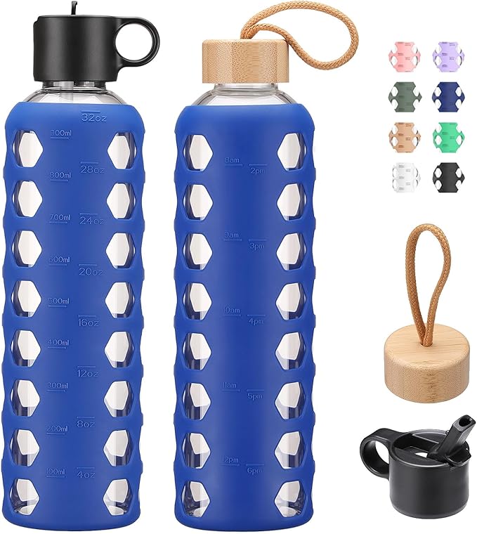 MUKOKO Glass Water Bottles, 32oz Glass Tumbler, Drinking Bottles with 2 Lids-Handle Flip Straw Lid&Bamboo Lid, Motivational Water Bottle with Time Marker and Silicone Sleeve, Leakproof-1 Pack-Blue