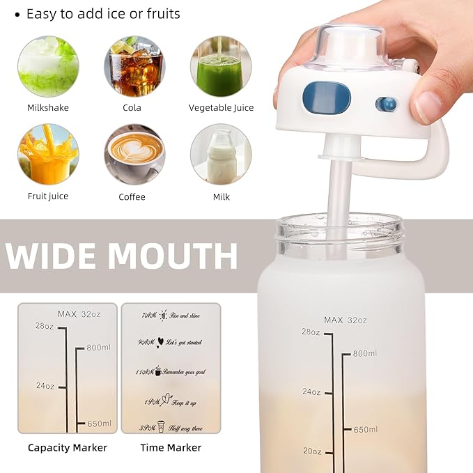 SIEROZUR 32 oz Glass Water Bottle with Straw and Handle Large Sports Motivational Water Bottle with Locking Lid and Time Marker Leakproof Water Jug for Daily Hydration Intake BPA Free