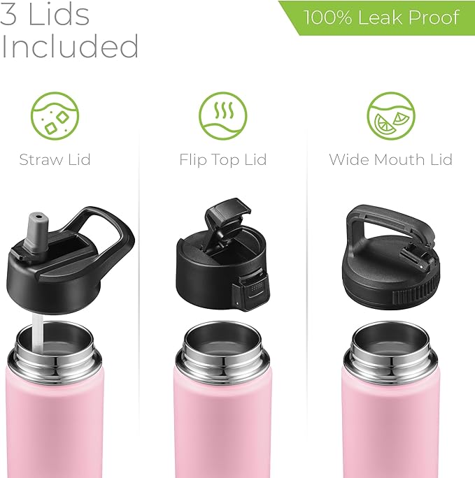 SipX™ Triple-Insulated Stainless Steel Water Bottle 18oz. With 3 Lids, BPA-Free Reusable Insulated Water Bottle Keeps Cold 24 Hours, Metal Water Bottle Made Of Sustainable Material For Hiking & Biking