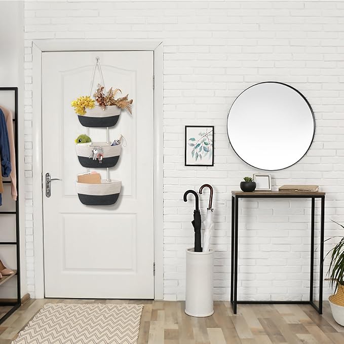 3 Tier Wall Mounted Woven Hanging Basket, Over the Door Hanging Basket with Hooks, Decorative Storage Hanging Closet Removable, Large Wall Basket for Living Room, Bedroom (White & Brown)