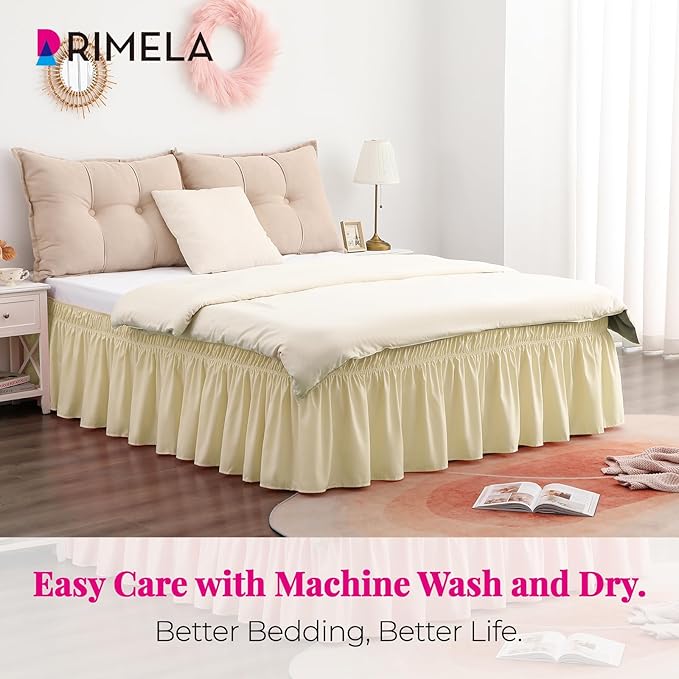 RIMELA Bed Skirt King Size 12 Inch Drop, Wrap Around Elastic Bedskirt Solid Microfiber Luxury Hotel Quality Fabric, Easy to Install Machine Washable Wrinkle & Fade Resistant, Beige Yellow