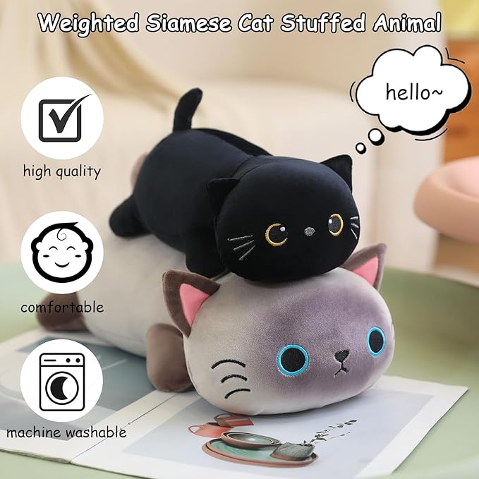 SQEQE Weighted Siamese Cat Plush, Weighted Siamese Cat Stuffed Animal for Anxiety, Cute Siamese Cat Plushies Soft Siamese Cat Pillow Toy Gift for Kids Adults 13.8 Inch, 1.6 lbs