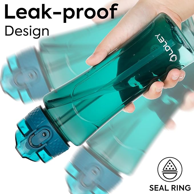 OLDLEY Kids Water Bottle with Straw 15 oz BPA-Free Leak-Proof Motivational Water Bottles with Time Marker for School Sports Travel Gym, Easy to Use for Girls Goys, 1 Straw Lid,Transparent-dark green