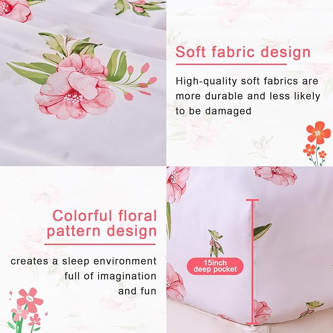 Twin Sheets Set White Pink Floral Bed Sheets Set Girls Cute Microfiber Cooling Sheets 3 Pieces Kids Twin Size Bed Set Wrinkle Free, 15 inch Deep Pocket Fitted Sheet, Flat Sheet, Pillowcase