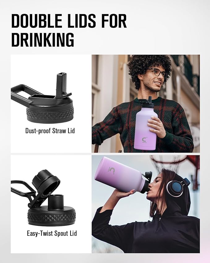 Coolplus Half Gallon Water Bottle With Straw Lid, 64 oz Insulated Stainless Steel Water Jug Metal Double-Walled Vacuum Large Flask With Carry Sleeve Leakproof, Keep Cold 48 Hrs Hot 24hrs, Purple