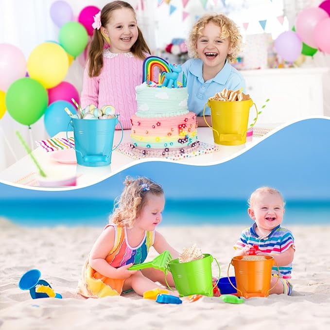 Therwen 24 Pieces Small Metal Buckets with Handle Colored Galvanized Bucket Round Metal Pail for Kids Classroom Candy Crafts,Utensils, Vase Party Favor(4.13 Inch,Wood Handle)