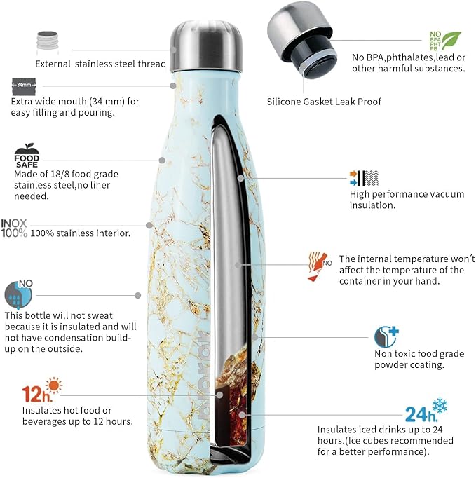 BJPKPK Insulated Water Bottles -17oz/500ml -Stainless Steel Water Bottles,Sports Water Bottles Keep Cold for 24 Hours and Hot for 12 Hours,Marble Amber