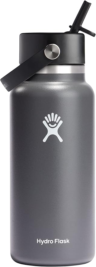 HYDRO FLASK Wide Mouth vacuum insulated stainless steel water bottle with leakproof closeable straw lid for cold water drinks, sports, travel, car and school
