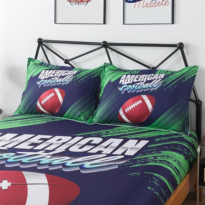 qjmiaofang Football Queen Sheet Set 4Pieces Sports Sheets for Kids Boys American Football Fitted Sheet Rugby Football Bed Sheets Sport Theme Bedding Set 1 Flat Sheet 1 Fitted Sheet 2 Pillowcases