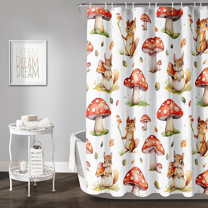 AILONEN Cartoon Mushroom Shower Curtain for Kids Girls Boys, Kawaii Squirrels with Red Mushroom Shower Curtains for Bathroom,Cute Animal Shower Curtain Set with Hooks,72" W*78" H