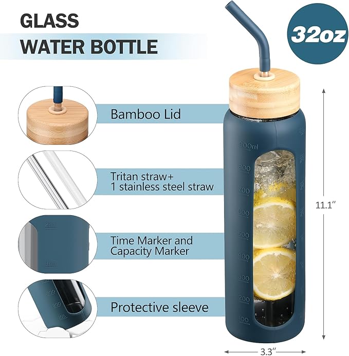 Glass Water Bottles with Straw -32oz- Water Bottle Phone Holder for Gym Large Motivational Water Bottle with Time Marker Glass Drinking Bottles 2 Lids - Spout & Bamboo Straw Lid(Dark Blue)