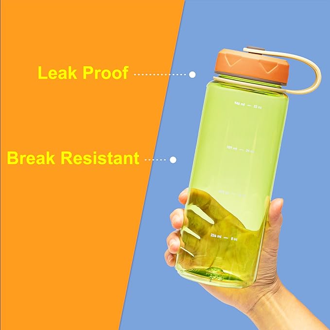 bzyoo HydroPop 36oz Water Bottle w/Strap - Leak-Proof, Hydration Intake Tracking Measurement, Wide Mouth for Ice. Perfect for Gym, Travel, Outdoor - Color Green