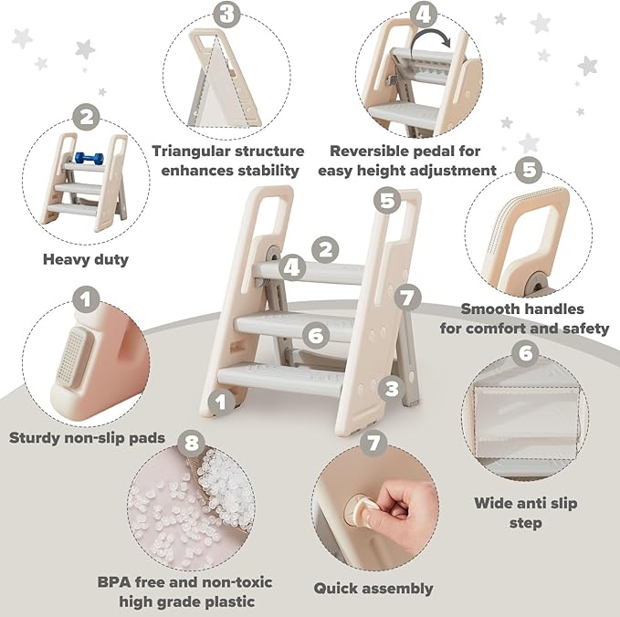 Folding Toddler Step Stool for Bathroom Sink,Adjustable 3 to 2 Step Stools for Toilet Potty Training,Sturdy Kids Step Stool for Kitchen Counter with Handle,Dark Grey