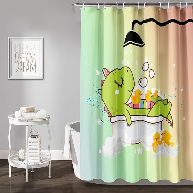 AILONEN Cartoon Shower Dinosaur Shower Curtain for Kids,Funny Green Dinosaur Shower Curtain Set with Hooks,72" W*78" H