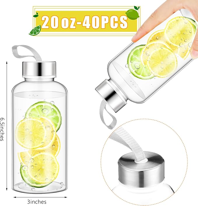 Zubebe 40 Pcs 20 oz Reusable Water Bottles Bulk Clear Bottles with Stainless Steel Leak Proof Lids Acrylic Bottles with Nylon Carrying Strap Shaker Bottles for Water, Milk, Smoothie, Juice Beverage