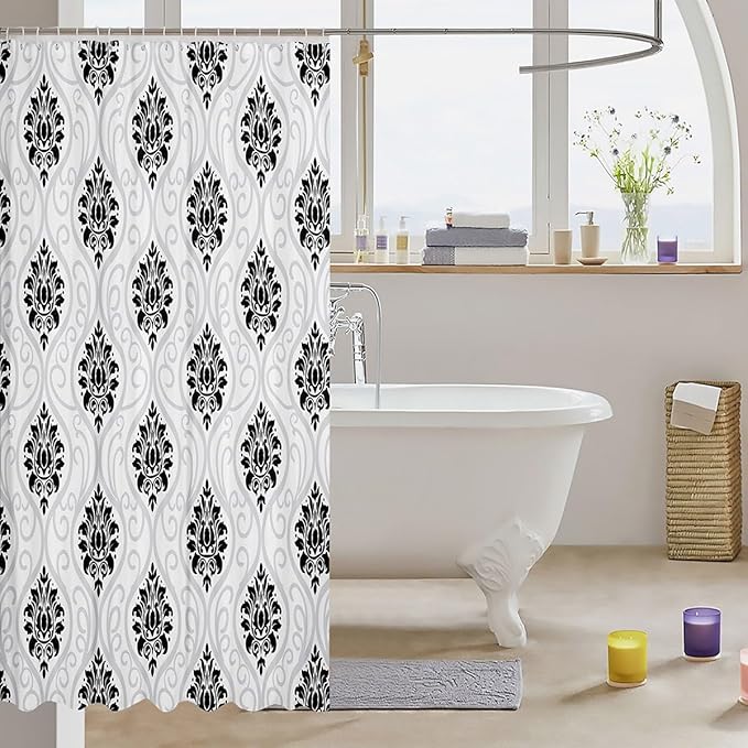 Feelyou Damask Pattern Shower Curtain 72"x84" Kids Vintage Floral Bathroom Shower Curtain Set for Boys Girls Teens Antique Victorian Baroque Bath Curtain Black White Baroque Style Bathroom Accessories