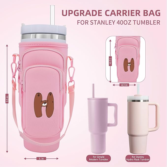Water Bottle Carrier Bag with Phone Pocket for Stanley 40 oz Tumbler Neoprene Water Bottle Holder Pouch with Adjustable Strap Bollus with Straw Cover & Carabiner for Stanley Cup Accessories