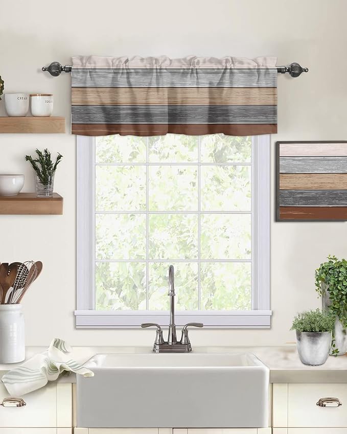 Farmhouse Fall Kitchen Curtains Valances for Windows , Brown Grey Rod Pocket Country Window Treatment for Kitchen /Living Room/Bedroom/ Bathroom,42" X 12" -1 Panel, Retro Rustic Barn Wood Texture