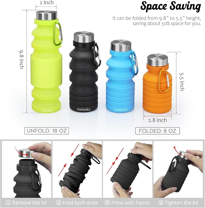 Nefeeko Collapsible Water Bottle, Reuseable BPA Free Silicone Foldable Water Bottles for Travel Gym Camping Hiking, Portable Leak Proof Sports Water Bottle with Carabiner