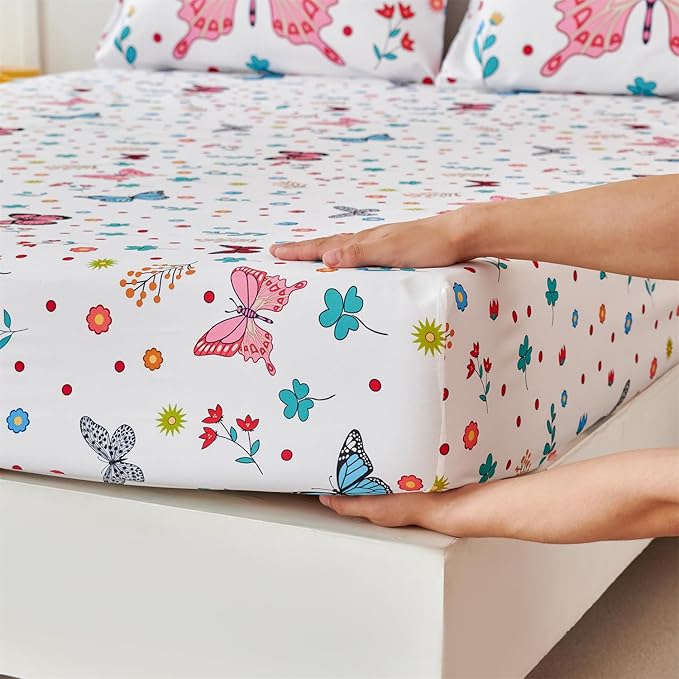 RYNGHIPY Girls Bed Sheets Full: Butterfly Sheets Set for Girls Kids Bedsheets Deep Pocket 100% Microfiber Print Sheet Pillowcase Sets (Multicolor,Full)