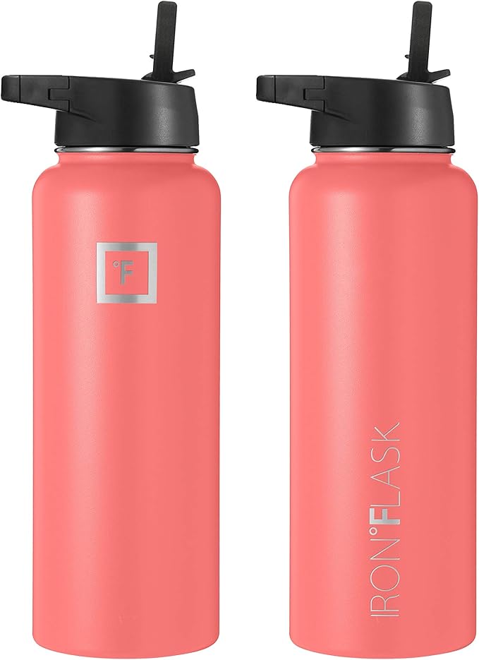 Iron Flask Sports Water Bottle - 40 Oz, 3 Lids (Straw Lid), Vacuum Insulated Stainless Steel, Hot Cold, Modern Double Walled, Simple Thermo Mug, Hydro Metal Canteen (Peach)