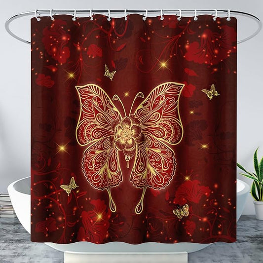 AILONEN Rose Butterfly Waterproof Curtain,Red and Gold Butterfly Floral Bath Curtain,Modern Chic Flower Polyester Fabric Red Curtain with 12 Plastic Hooks, 48" W x 72" H