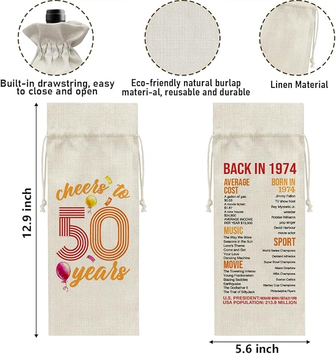 50th Birthday Gifts Wine Bag Congratulations Gifts for Women Men Mom Dad Anniversary Favors 1974 with Time Information Wine Gift Bag