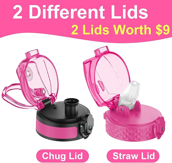 OLDLEY Kids Water Bottle for School with Straw Chug Lid, 15 oz Unbreakable Leak-Proof BPA-Free Motivational Water Bottles with Time Marker for Travel Sports Gym, 2 Lids,Rose-Red Green