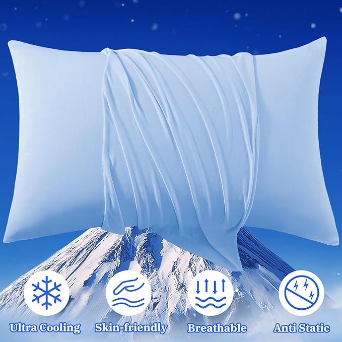 Cooling Pillow Cases for Hot Sleepers - Double Side Arc-Chill Q-Max>0.5 Cooling Fiber Cool Pillow Cases 2 Pack - Breathable Soft Cold Pillow Cases with Hidden Zipper (Blue, 20" x 26")