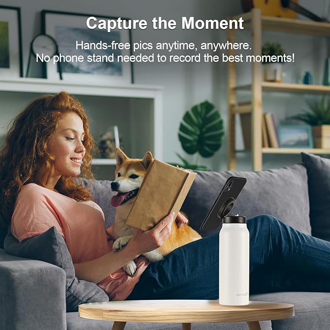 Insulated Water Bottle with Magnetic Phone Holder Compatible with MagSafe and iPhone, Stainless Steel Water Bottle Phone Mount For Sports Travel School, Hot 12H Cold 24H, 24oz (Black)