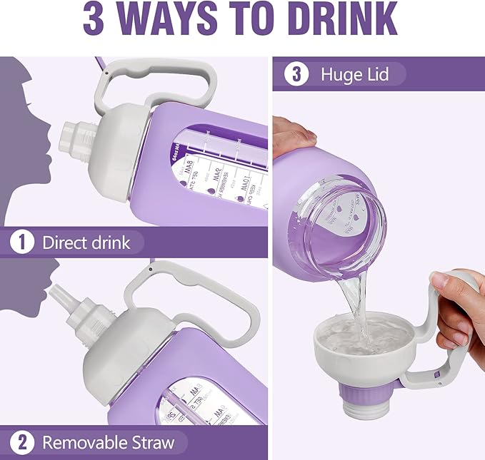 MUKOKO 64oz BPA Free Glass Water Bottle with Straw, Half Gallon, Wide Mouth, Time Marker, Silicone Sleeves, Ideal for Sports, Travel, Running, Camping, Purple