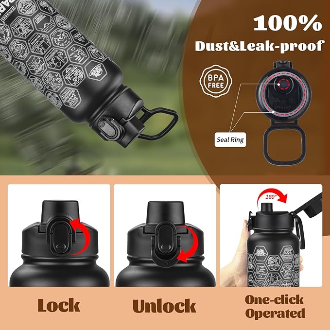 National Parks Water Bottle with Stickers and Straw,32oz Double Wall Vacuum Wide Mouth Insulated Water Bottle for Travel,BPA-free and Leak-proof (32oz,Black)