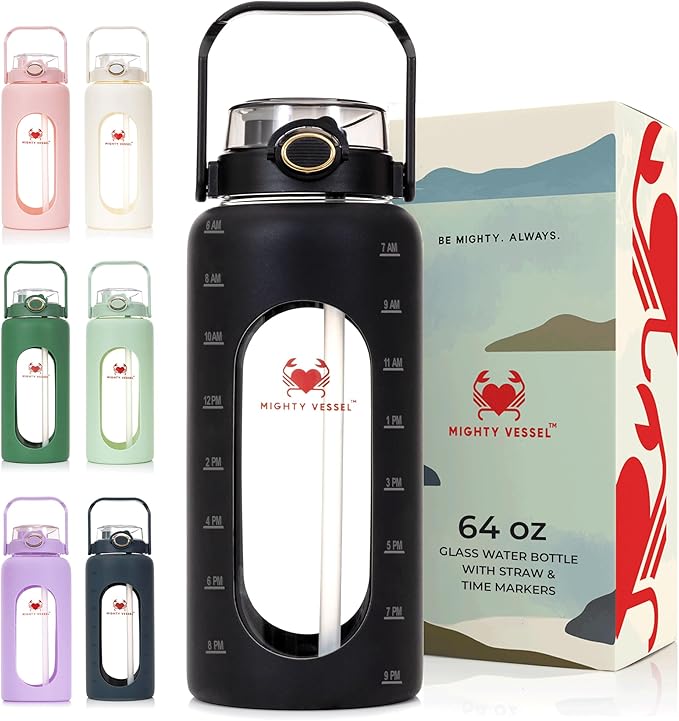 Leakproof Glass Water Bottles 64 oz - Borosilicate Large Glass Water Bottle with Straw & Time Markers - Half Gallon Water Bottle Glass, Wide Mouth Glass Gallon Water Bottle 2 Litres