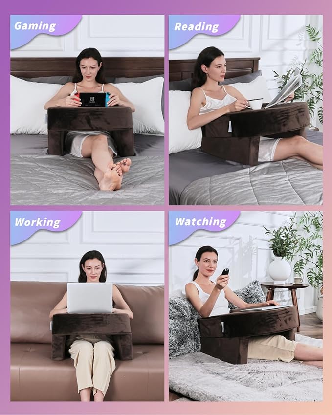 Weighted Idea Reading Pillow for Gaming, Meduim Gaming Pillow for Adult，Table Pillow with 2 Side Pockets for Gaming, Reading, Working Sitting in Bed Floor Sofa (Brown)