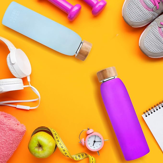 Glass Water Bottle with Protective Silicone Sleeve and Bamboo Lid Urban green, 18oz, 1extra 304 Stainless Steel Lid with Handle, BPA Free, Dishwasher Safe, Valentine Gift