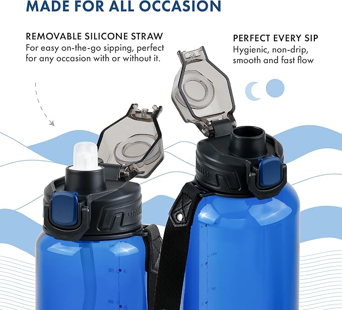 GRANDTIES Sports Tritan Plastic Water Bottle with Straw, Removable – Leakproof BPA Free Dishwasher Safe Travel Water Bottle with Strap – Reusable Water Bottle for Gym, Outdoor, Fitness 52oz Navy