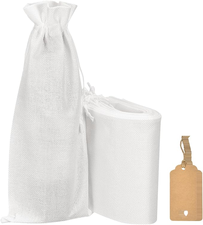 uxcell Burlap Wine Bags with Drawstrings, 12Pcs Wine Gift Bags Reusable Wine Bottle Bags with Ropes and Tags for Wedding, Birthday, Travel (14 x 6.3 In, White)