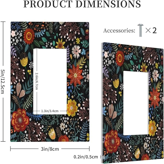 Colorful Flower Boho Floral Rustic Dark Leaves 1 Gang Rocker Light Switch Covers Single Decora Outlet Wall Plate Decorative Switchplate Faceplate GFCI for Farmhouse Country Bedroom Kitchen Decor