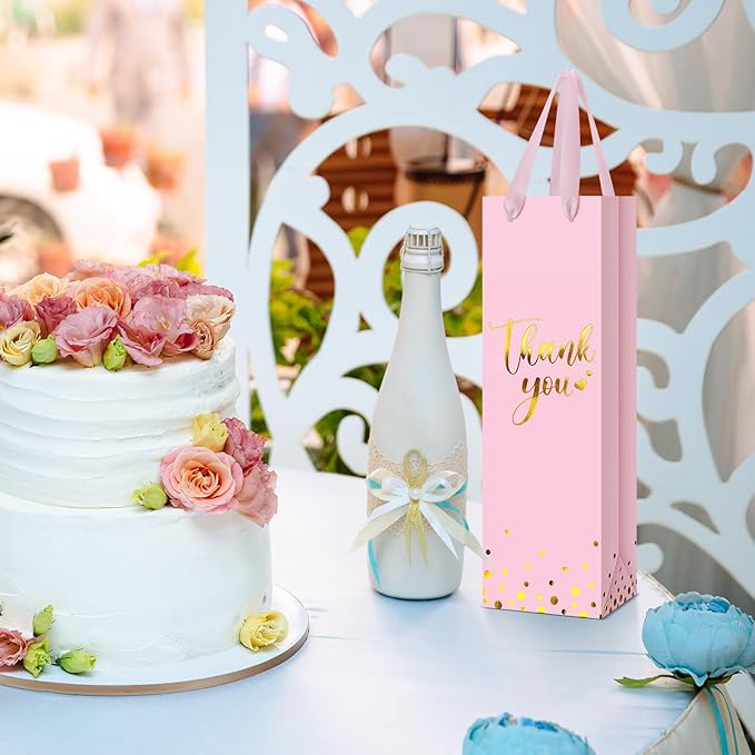 Ctosree 30 Pcs Wine Gift Bag for Wine Bottle Wedding Wine Thank You Gift Bag with Metallic Gold Foil Print Kraft Wine Paper Favor Bag with Attractive Rope Handle for Graduation Bottle(Pink)