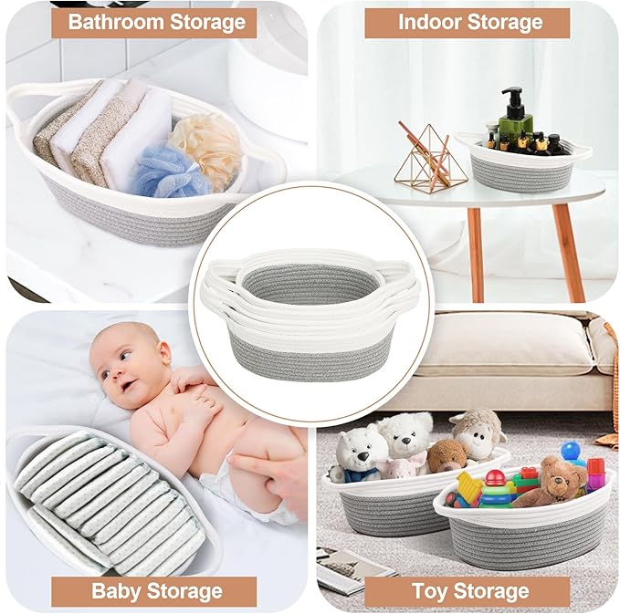 Small Woven Basket with Handles, 5 Pack Cotton Rope Room Shelf Storage Basket for Organizing Small Round Basket Baby Nursery Bins, White (Off White & Gray)