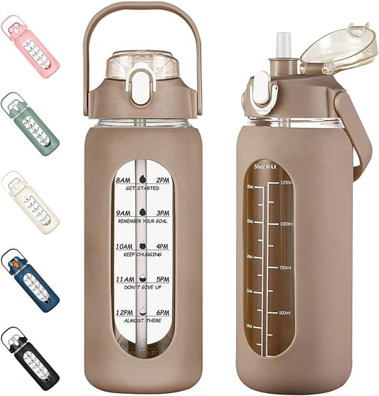 kytffu 56oz Glass Water Bottles with Straw, Motivational Glass Bottle with Silicone Sleeve and Time Marker, Leakproof Large Glass Water Jug for Gym Home Office,Amber
