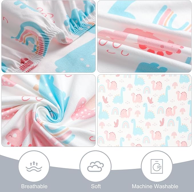 Pack n Play Fitted Sheet .2 Piece Mini Crib Sheet Stretch Playard Sheet Portable Sheet Set. Elastic Convertible Playard Sheet Set Compatible with Graco Pack n Play (Rainbow and Dinosaur Park)