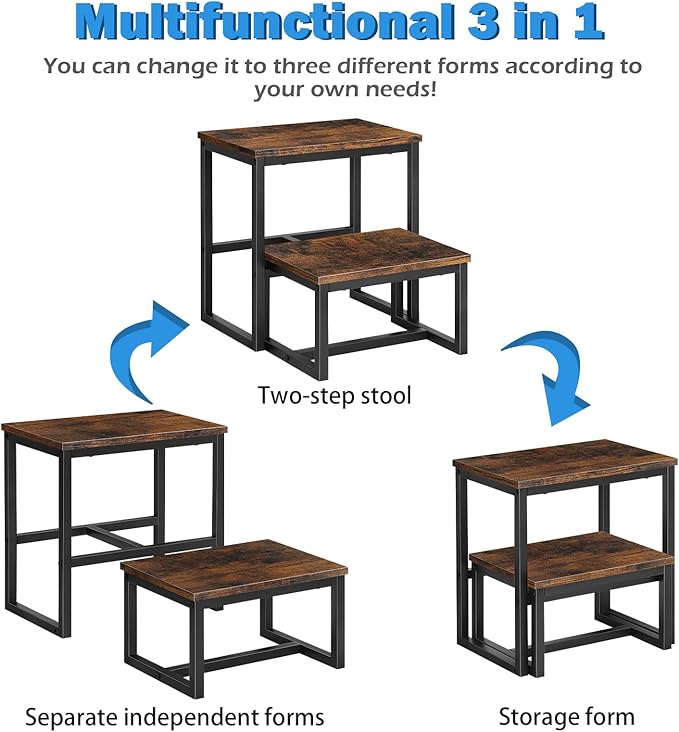 LIANTRAL Step Stools for Adults Kids, 3 in1 Heavy Duty Sturdy Two Step Stool, Supports Up to 500lb, Wooden Board Metal Frame, Foot Stool for High Bed Kitchen Bathroom - Rustic Brown