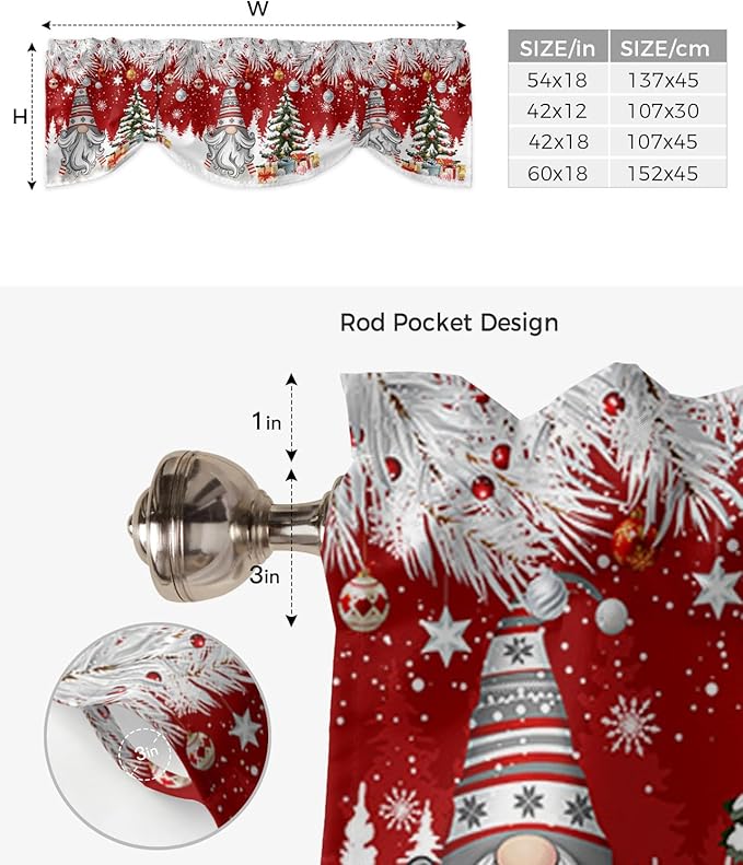 Christmas Gnome Blackout Tie Up Valance Curtains for Kitchen Windows Winter Merry Christmas Tree Balls Window Toppers Balloon Shades for Living Room/Bathroom/Bedroom,1 Panel, 60" X 18", Red