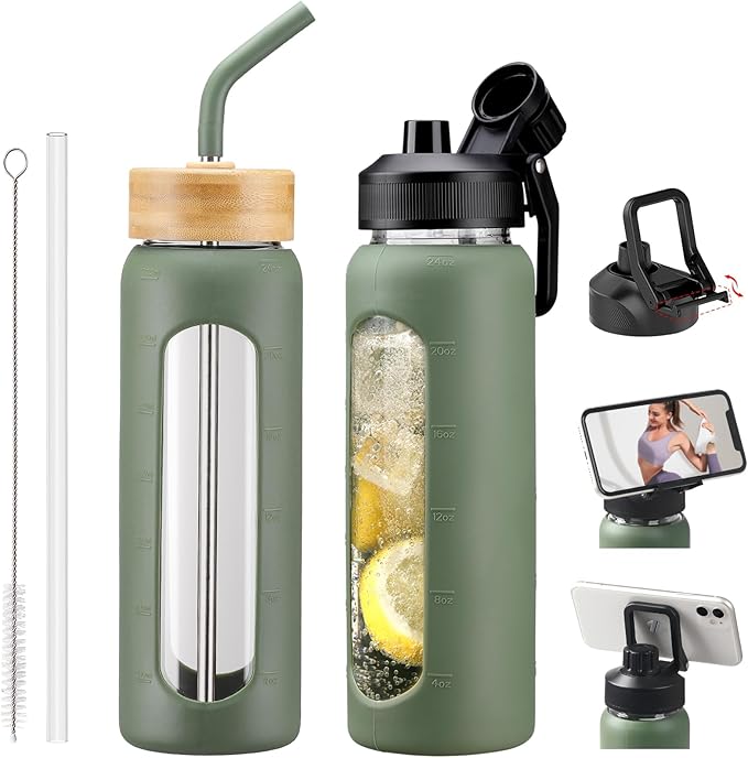Glass Water Bottles with Straw -24oz- Water Bottle Phone Holder for Gym Sports Water Bottles with Silicone Sleeve Glass Drinking Bottles 2 Lids - Spout & Bamboo Straw Lid(Olive)