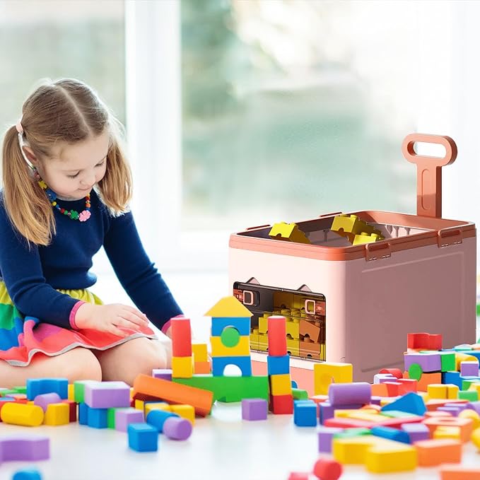 Collapsible Kids Storage Box with Building Base for Lego Toy Organizer Bins with Lids and Wheels Stackable Toys Chest Containers Building Block Bricks Storage Case for Children