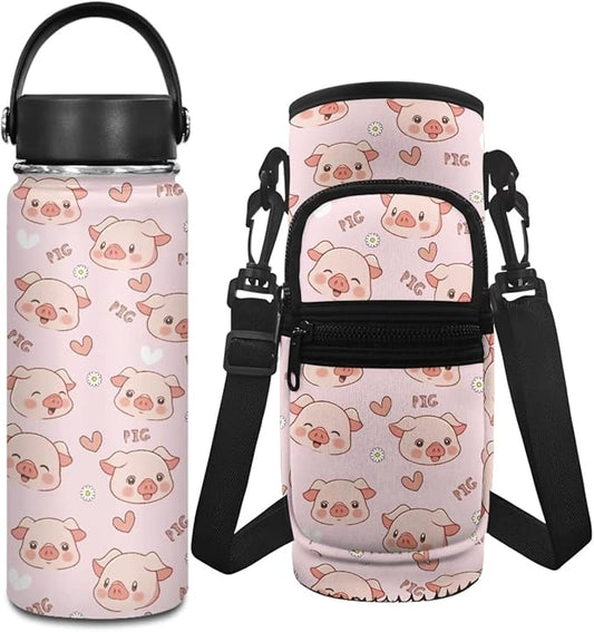 Pig Insulated Water Bottle 18 OZ Water Bottle Carrier Bag and Reusable Water Bottle 2 Pcs Water Bottle Holder Carrier Sling Water Bottle Pouch Sleeve